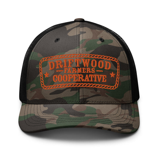 Driftwood Farmers Cooperative Logo Camouflage Trucker Hat- Rope