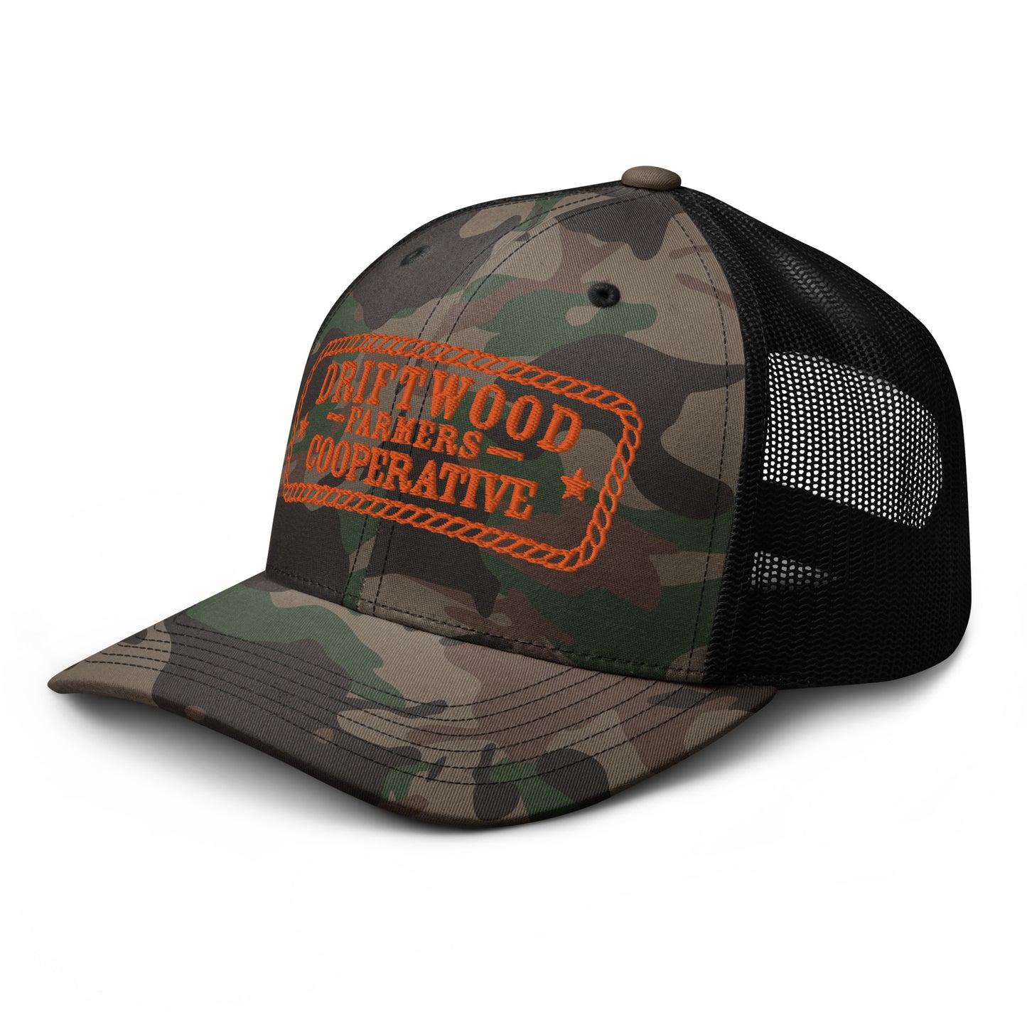 Driftwood Farmers Cooperative Logo Camouflage Trucker Hat- Rope