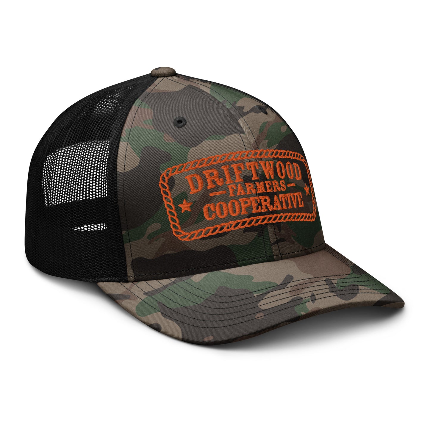 Driftwood Farmers Cooperative Logo Camouflage Trucker Hat- Rope