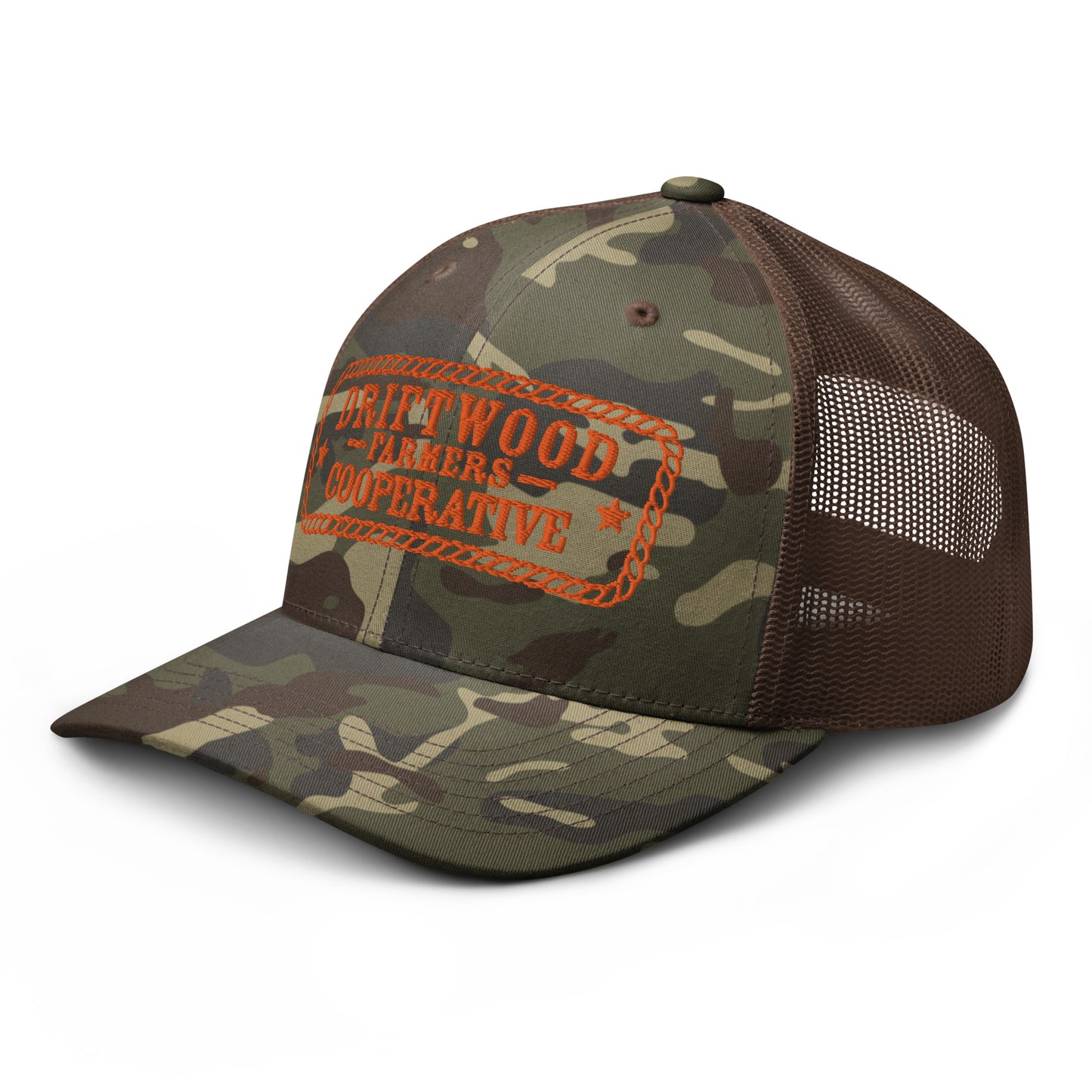 Driftwood Farmers Cooperative Logo Camouflage Trucker Hat- Rope