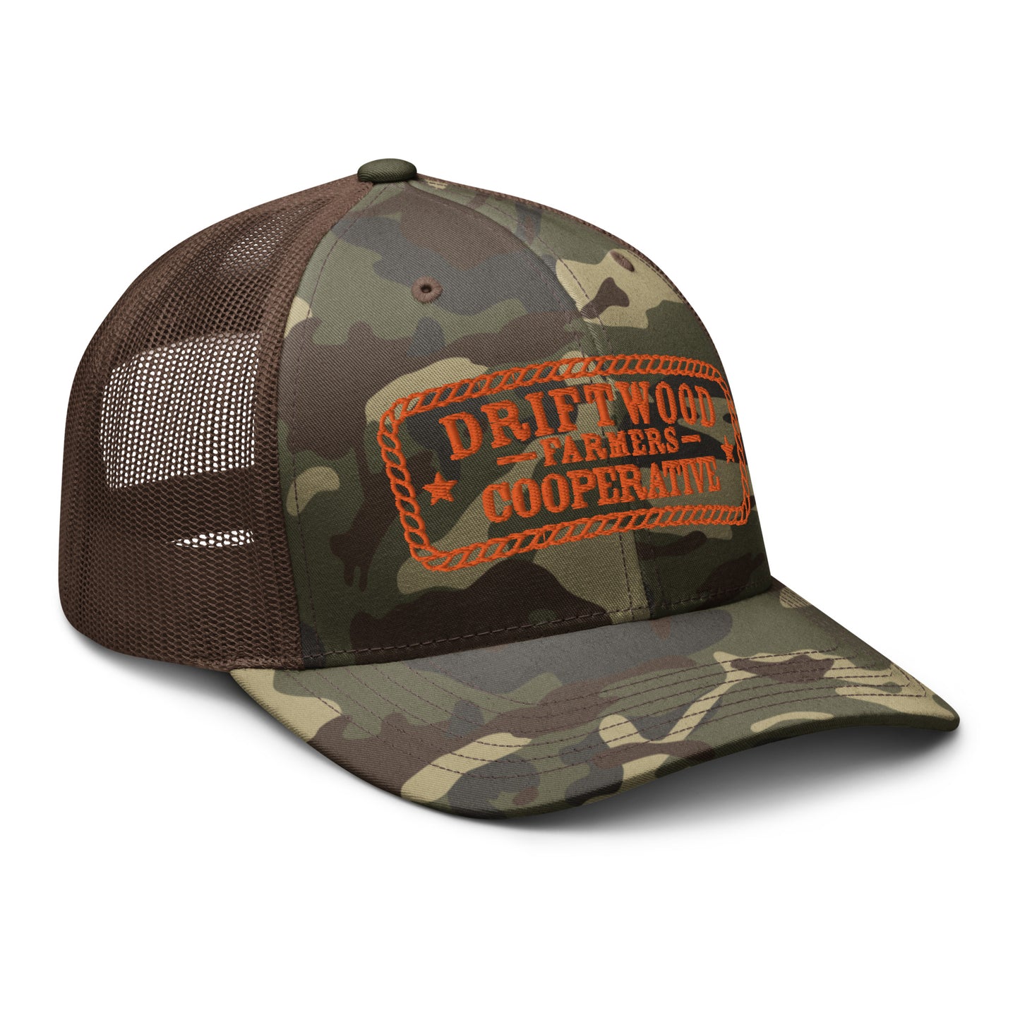 Driftwood Farmers Cooperative Logo Camouflage Trucker Hat- Rope