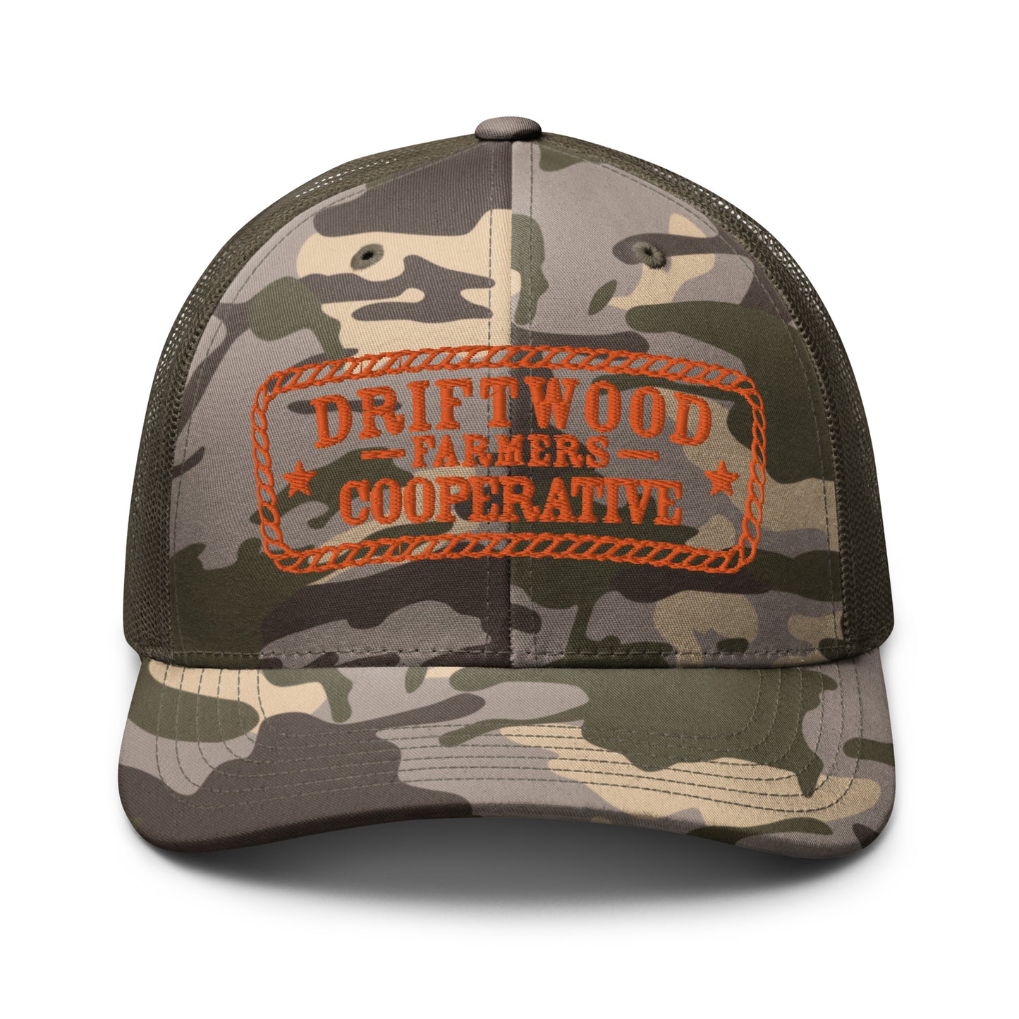 Driftwood Farmers Cooperative Logo Camouflage Trucker Hat- Rope