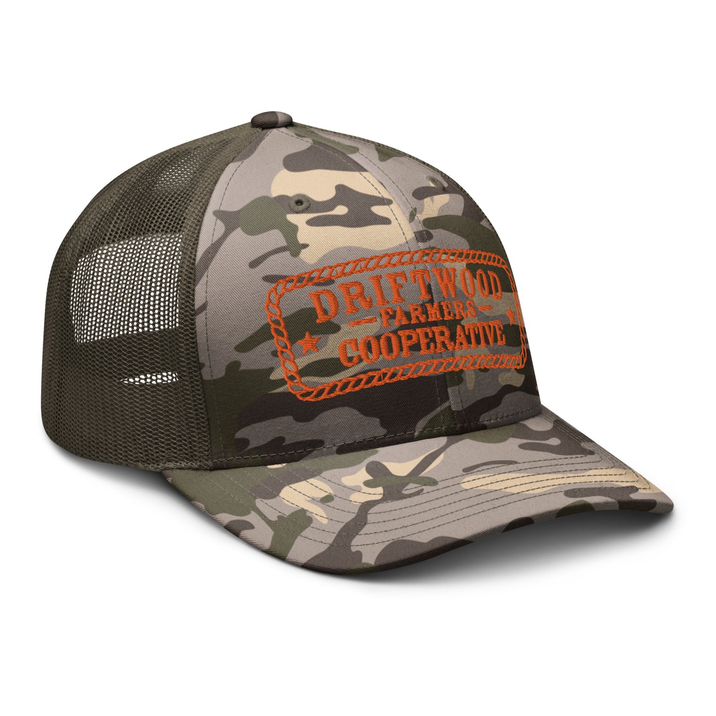 Driftwood Farmers Cooperative Logo Camouflage Trucker Hat- Rope